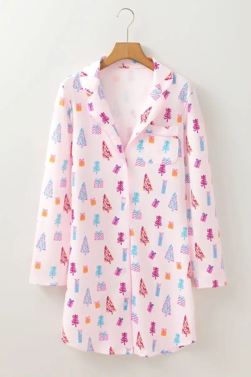 Pink Christmas Twinkle Tree Print Shirt Sleep Dress - Love Salve